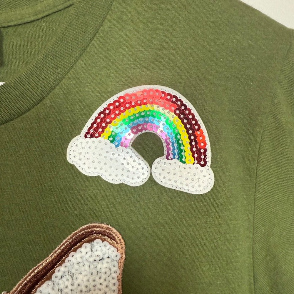 KOCH Fox Sequin Graphic Tee Women Medium Olive Green Embellished USA Cotton - Picture 4 of 8
